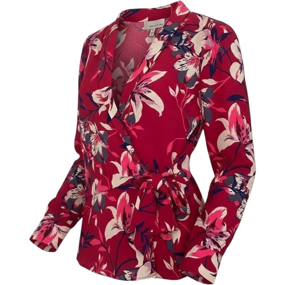 Adelyn Rae Blouse Women's S Red Floral Wrap Top Long Sleeve Tie Waist NWT